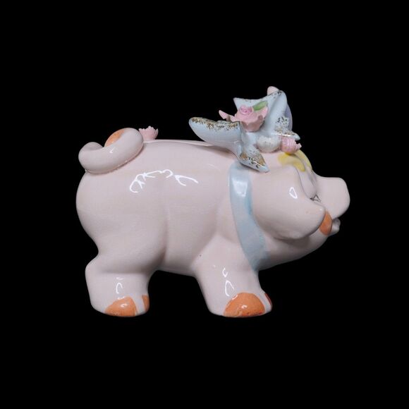 Vintage Lefton Cottagecore Kitsch Ceramic 3D  Flower Pink Pig Piggy Coin Bank - Picture 8 of 12